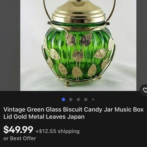 Vintage Emerald green and silver Leaves musical lid candy dish